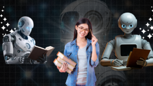 A young woman holding books stands between two distinct humanoid robots that are reading and writing, representing Zero-Click AI Automations in modern education.