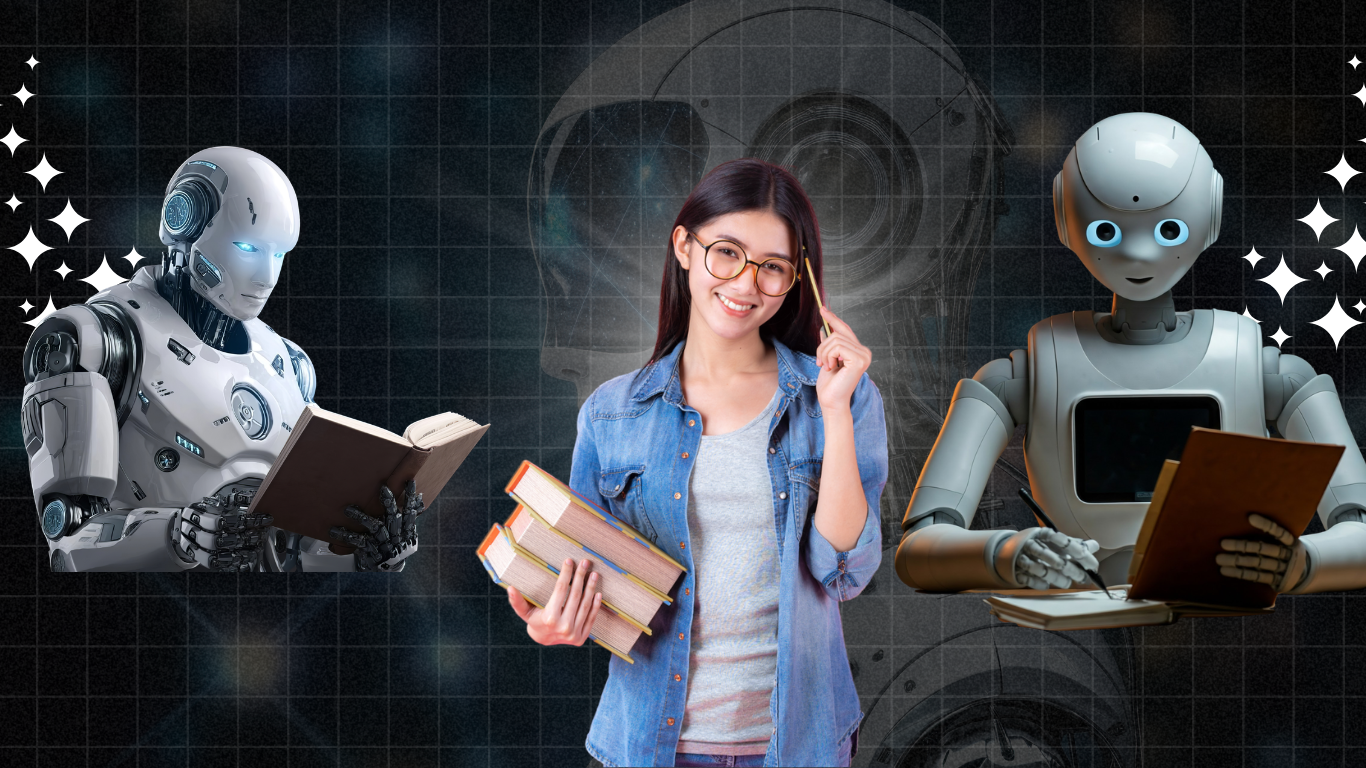 A young woman holding books stands between two distinct humanoid robots that are reading and writing, representing Zero-Click AI Automations in modern education.