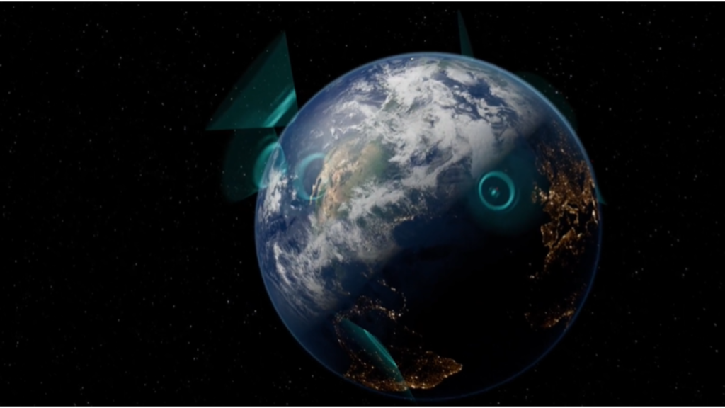 An illustration showing the Earth from space with digital overlay graphics representing AI-driven predictive threat tracking in LEO to monitor global activity.