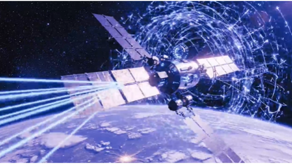 A detailed digital illustration of a complex communications satellite orbiting Earth, emitting blue laser data beams with a swirling matrix of orbital paths in the background to demonstrate AI-driven predictive threat tracking in LEO.