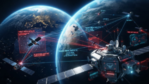 A digital graphic showcasing an orbital defense network monitoring target vectors around Earth, illustrating AI-driven predictive threat tracking in LEO.