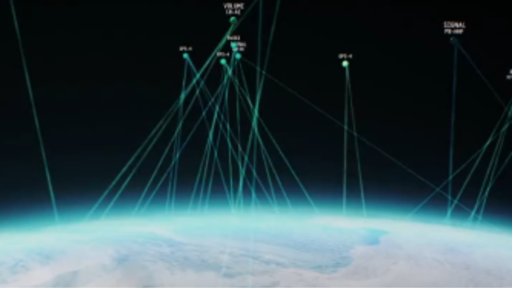 An orbital data visualization above the Earth's atmosphere showing glowing green nodes and interconnected telemetry beams to simulate AI-driven predictive threat tracking in LEO.
