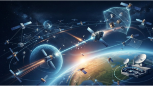 Digital illustration showcasing various ASAT mitigation strategies to protect satellites in Earth's orbit, including forcefields, defensive maneuvers, debris nets, and ground station tracking.