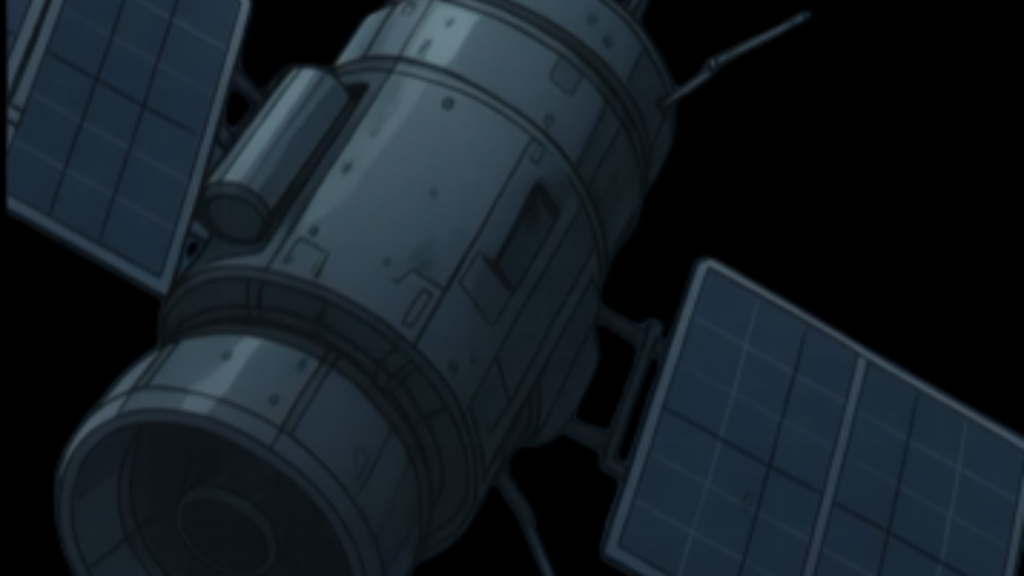 An anime-style close-up illustration of a cylindrical satellite with solar panels deployed in deep space, representing assets protected by ASAT mitigation strategies.