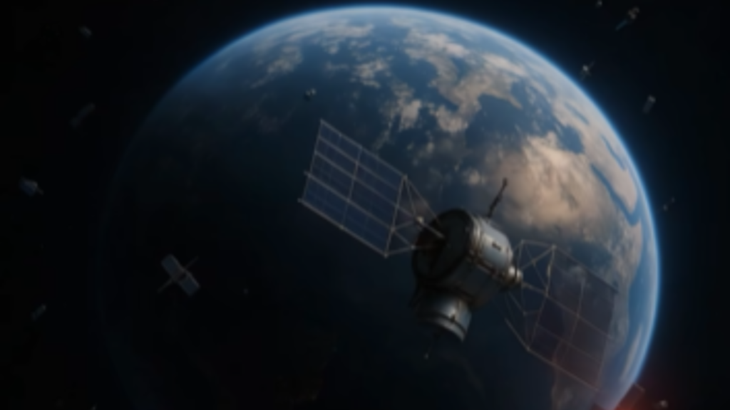A realistic rendering of a satellite orbiting high above planet Earth, surrounded by a crowded field of smaller orbital objects, highlighting the need for ASAT mitigation strategies.