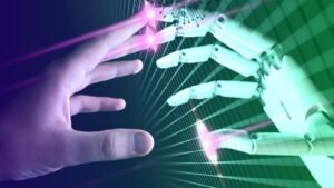 A human hand and a robotic hand reaching toward each other amidst glowing beams of light, illustrating the concept of Autonomous Code Remediation AI.