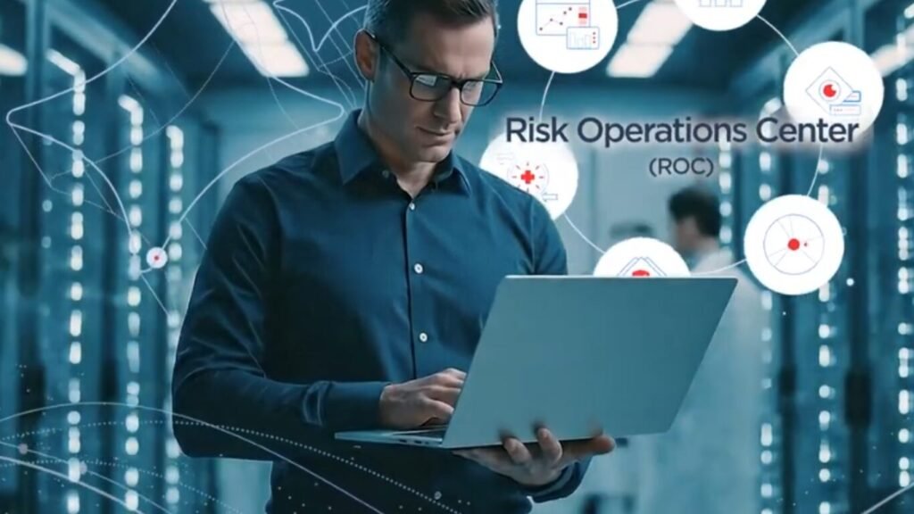 An IT professional using a laptop in a data center with graphical overlays representing a Risk Operations Center (ROC) powered by Autonomous Code Remediation AI.