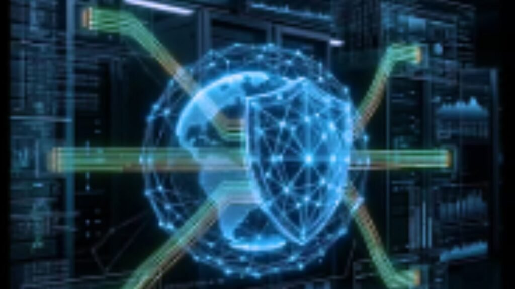 A glowing digital shield and globe mesh on a dark server screen background, demonstrating global data protection via Autonomous Code Remediation AI.