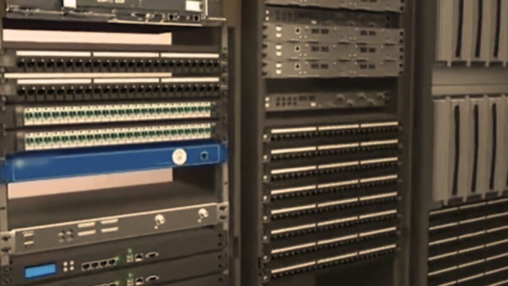 A row of enterprise server racks and network patch panels in a data center optimized for running Autonomous Code Remediation AI.
