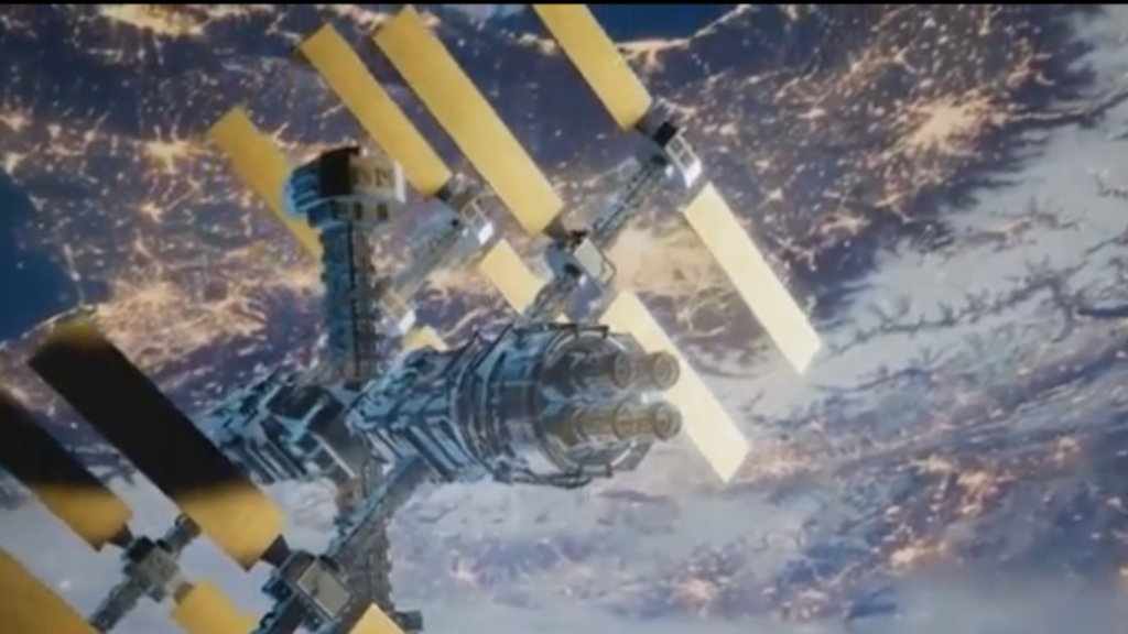 A futuristic space station equipped with gold solar arrays and propulsion nozzles orbiting above Earth at night, illustrating Autonomous Satellite Guarding Systems protecting low-Earth assets.