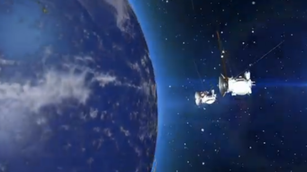 A close-up view of an intricate space station module with glowing propulsion arrays and large golden solar panels, demonstrating an orbital node for Autonomous Satellite Guarding Systems above Earth.