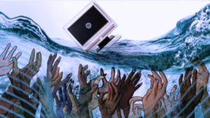 A digital artwork illustrating the theme of a Critical AI Literacy Comes to Free Library Workshop. The image shows a classic, old-school desktop computer monitor floating on top of a turbulent ocean wave, displaying the OpenAI ChatGPT logo on a dark screen. Below the water's surface, a crowd of diverse, colorful human hands reach upward toward the floating computer, symbolizing the collective human interaction with artificial intelligence technology.