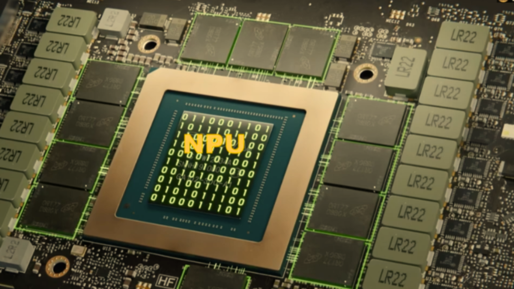 Macro view of a circuit board highlighting a central processor chip labeled NPU with overlaying binary code, showcasing hardware built for Edge AI