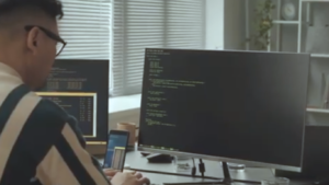 Rear view of a developer with glasses working at a desk, looking at large monitors filled with code blocks, demonstrating the development phase of Edge AI Optimization.