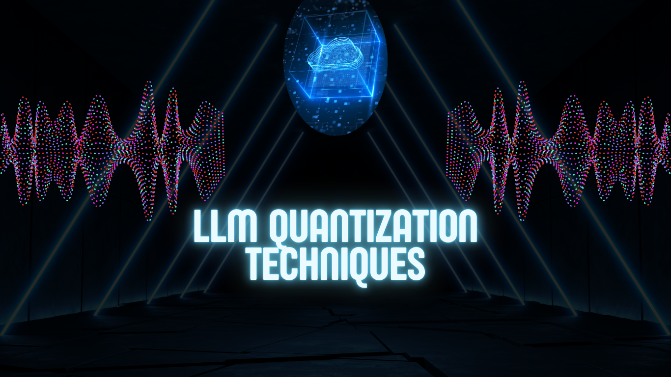 An abstract digital graphic featuring the text "LLM quantization techniques" in a glowing neon white font. The background shows colorful, dotted soundwaves or data waveforms on both sides, with a glowing blue digital cube containing a cloud icon floating at the top center.
