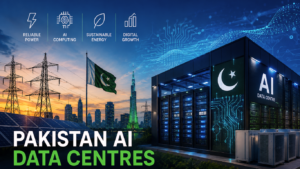 Graphic banner showing an advanced computing facility with solar panels and power lines, highlighting the balance of Pakistan AI data centres electricity needs with digital growth pillars.