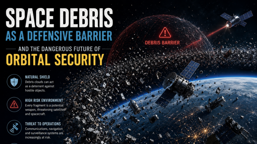 A conceptual infographic titled "Space Debris as a Defensive Barrier and the Dangerous Future of Orbital Security," showing a thick ring of space junk surrounding Earth with active satellites navigating the high-risk environment.