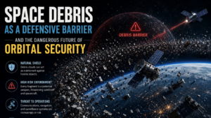 A conceptual infographic titled "Space Debris as a Defensive Barrier and the Dangerous Future of Orbital Security," showing a thick ring of space junk surrounding Earth with active satellites navigating the high-risk environment.