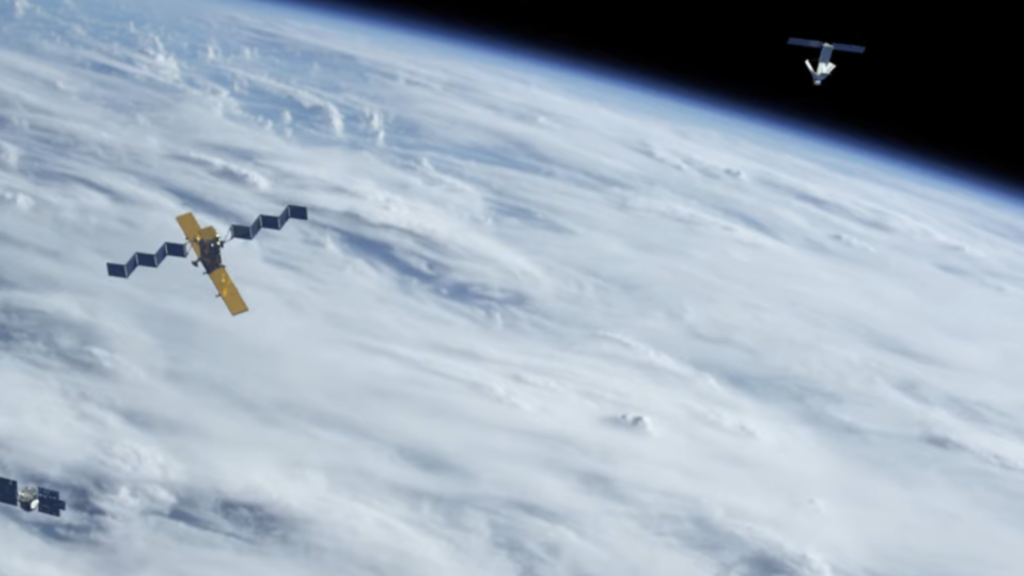 A wide view from Earth orbit showing multiple functional satellites operating above a thick layer of white clouds, illustrating the environment discussed in the context of Space Debris as a Defensive Barrier.
