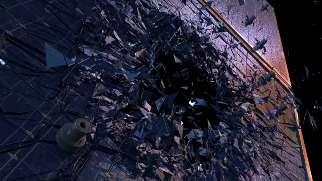 A 3D digital rendering showing a severe hyper-velocity impact shattering a satellite's solar panel array into thousands of sharp fragments, illustrating the risks tied to Space Debris as a Defensive Barrier.