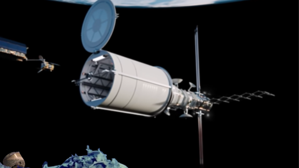 A 3D digital rendering of a modular space station component with an open hatch floating in deep space, used to illustrate technologies related to managing Space Debris as a Defensive Barrier.