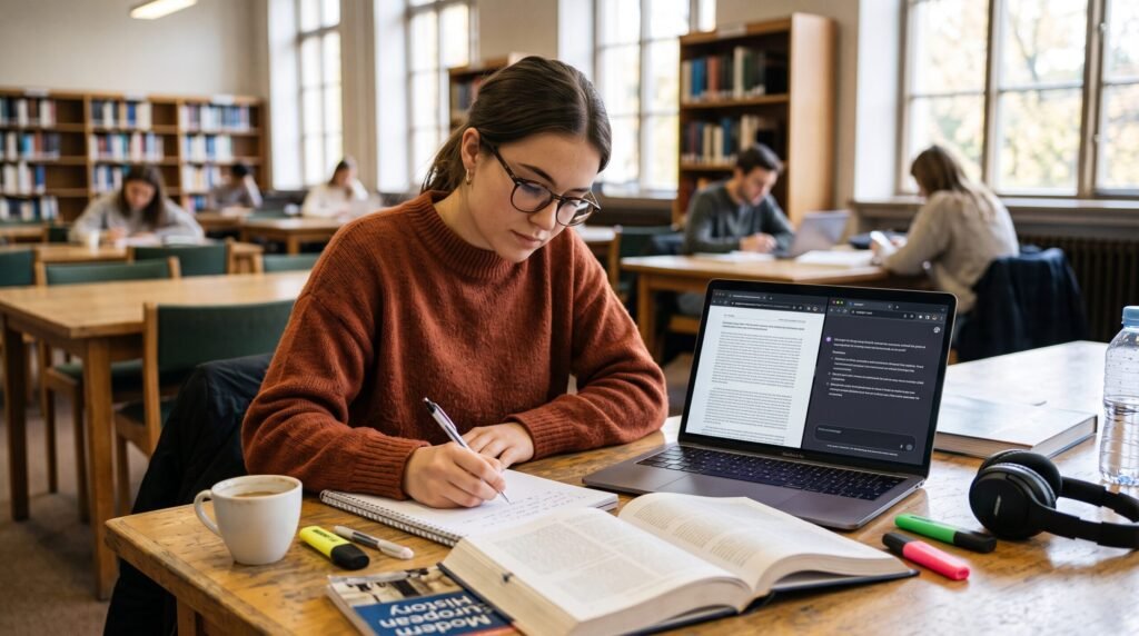A student taking handwritten notes while using an AI in education reading assistant split-screen on her laptop.