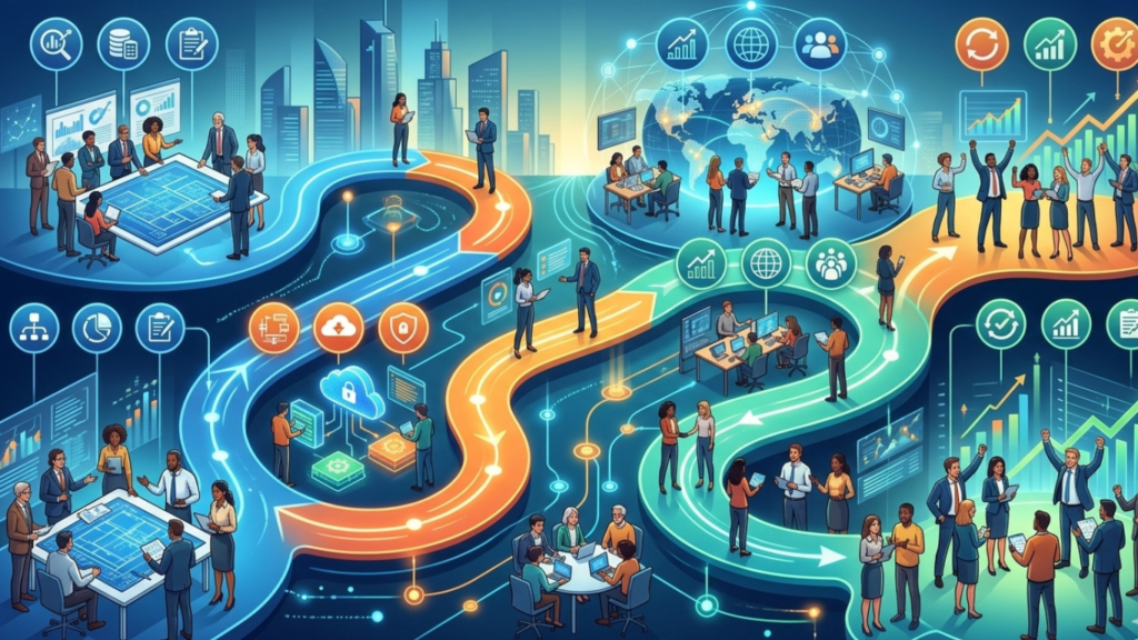 A detailed business infographic mapping out a sensible enterprise implementation roadmap, featuring interconnected winding paths, data security nodes, collaborative team meetings, and corporate milestones leading to successful growth.