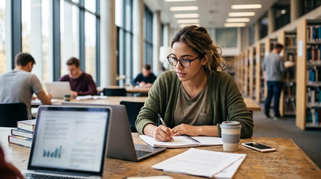 A student taking handwritten notes while verifying information using AI in education tools.