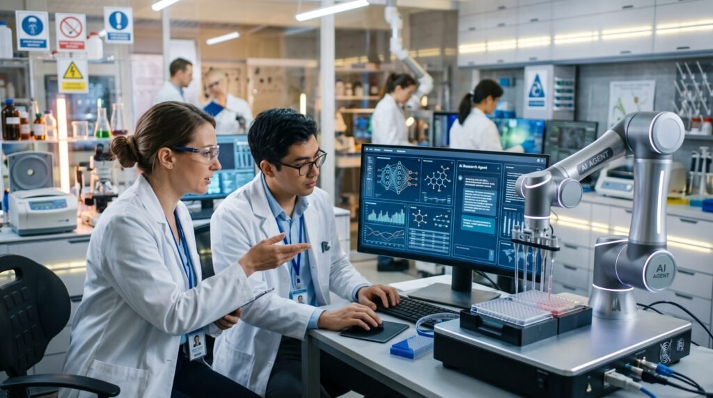 Two scientists in a laboratory collaborating with an AI-driven robotic arm and an advanced data monitor, showcasing AI Research 2026 Latest Breakthroughs as scientific research partners.