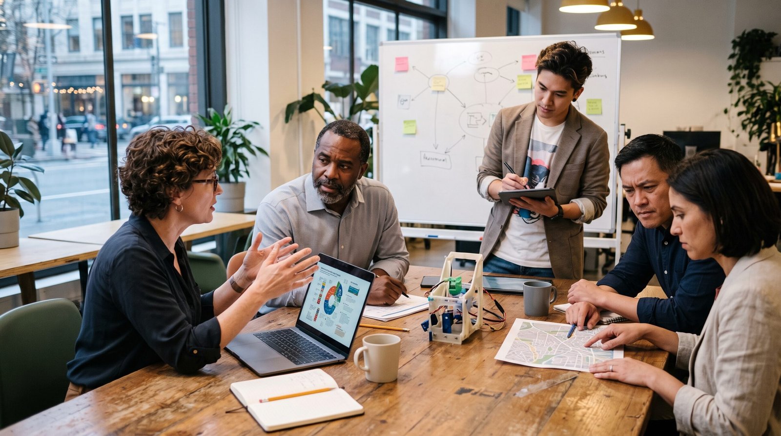 A diverse professional team collaborating around a wooden conference table, discussing AI and the transformation of work with laptops, a small robotic prototype, a city map, and a whiteboard in a modern office.