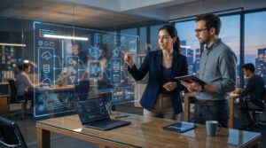 Two corporate professionals analyzing an interactive digital screen detailing AI Automation Workflows and Pipelines Guide diagnostics.