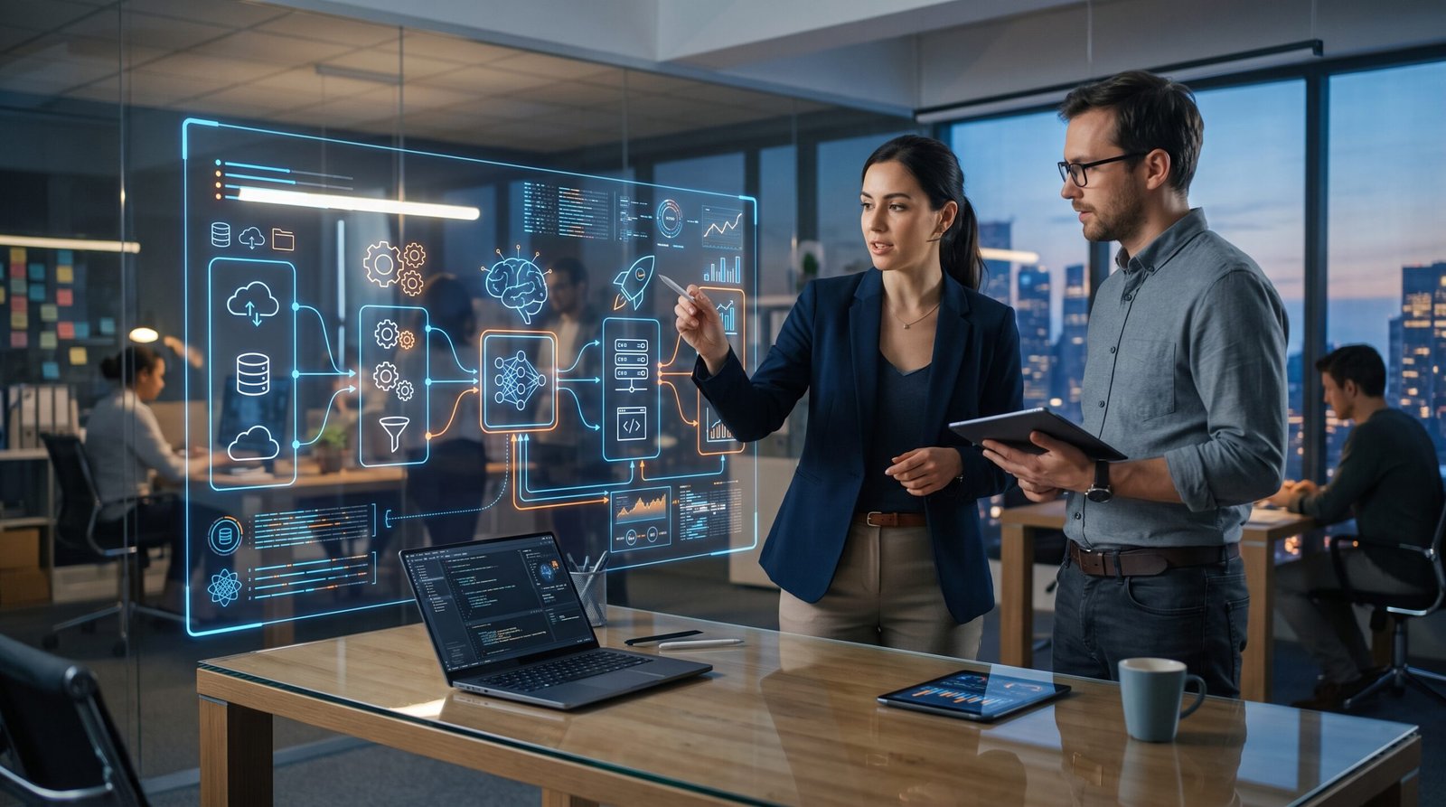 Two corporate professionals analyzing an interactive digital screen detailing AI Automation Workflows and Pipelines Guide diagnostics.