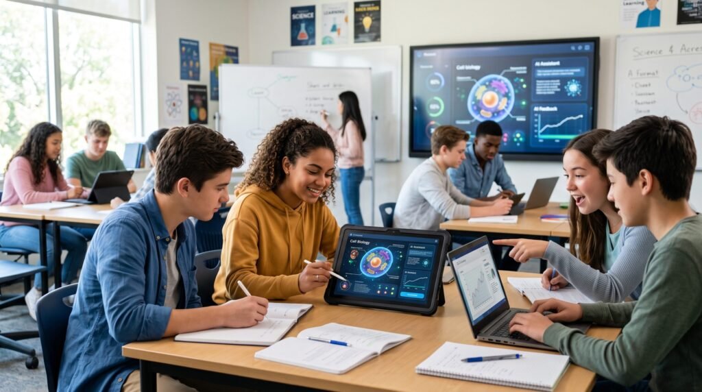 Students collaborating using AI in education tools on tablets.