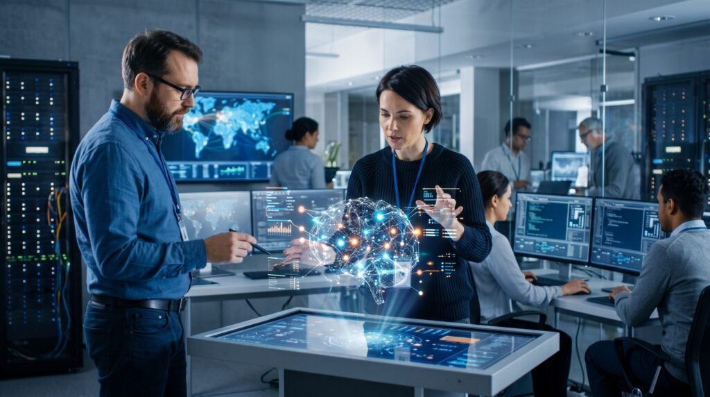 Professionals analyzing a glowing holographic brain model with the keyword AI Research 2026 Latest Breakthroughs.