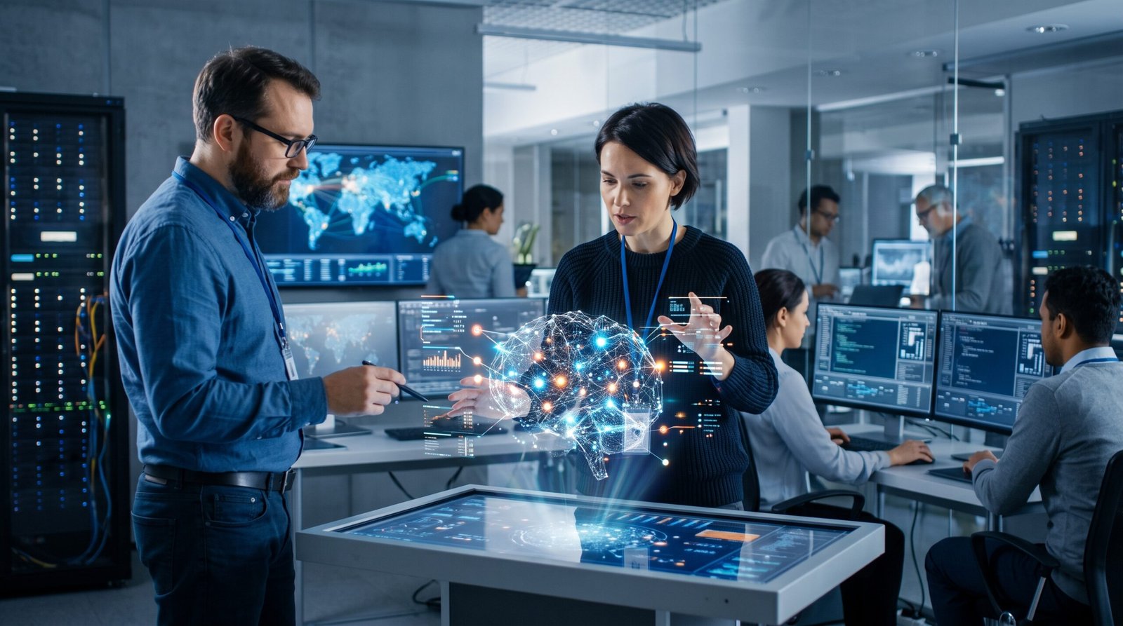 Professionals analyzing a glowing holographic brain model with the keyword AI Research 2026 Latest Breakthroughs.