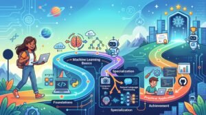 A vibrant infographic illustrating an AI ROADMAP that guides a student through programming foundations, machine learning basics, and career achievement.