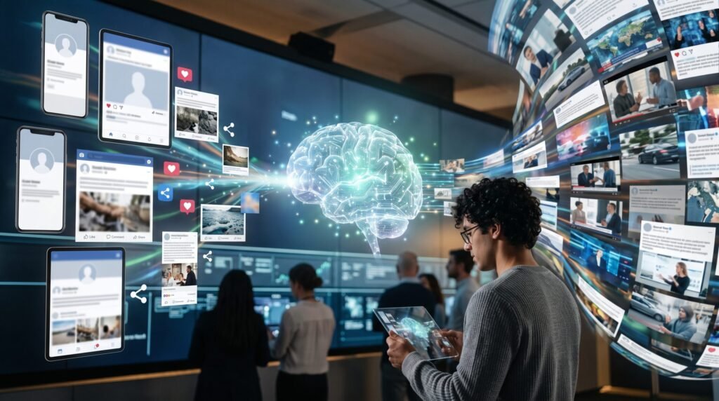 A young man with glasses looks at a digital tablet as a glowing holographic brain connects to dynamic screens and social media feeds, illustrating AI social media and the information environment.