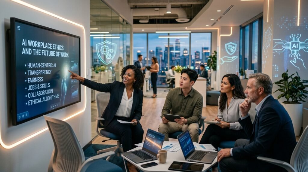 A diverse corporate team in a modern, high-tech conference room listening to a woman present a digital slideshow on AI workplace ethics and the future of work.