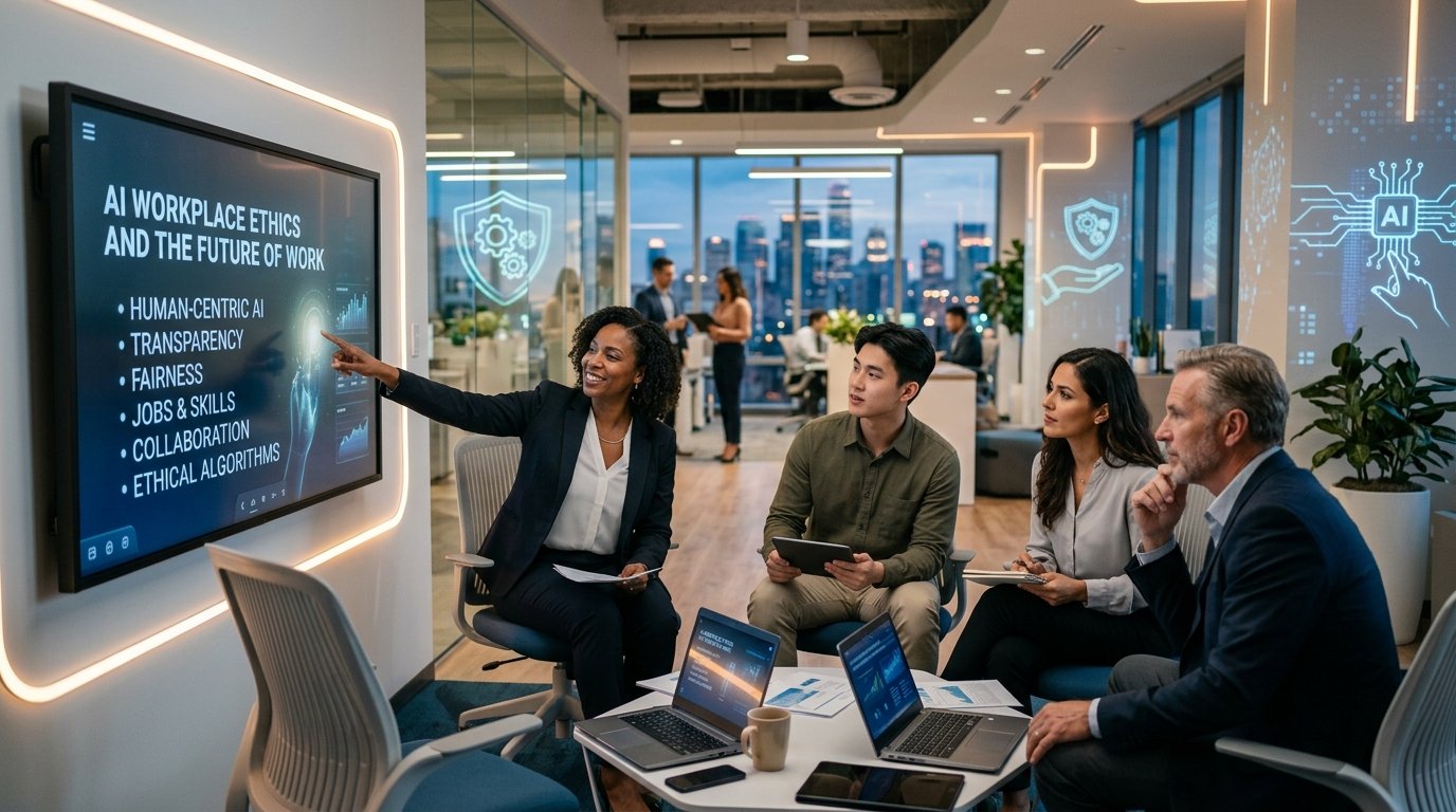 A diverse corporate team in a modern, high-tech conference room listening to a woman present a digital slideshow on AI workplace ethics and the future of work.