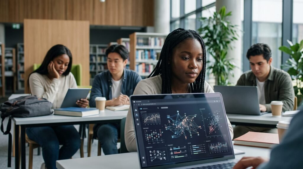 Students analyzing complex data networks and addressing bias in AI in education tools.