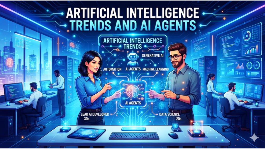 A futuristic tech office where professionals analyze data, featuring a central holographic display showing Artificial Intelligence Trends and AI agents connected to a digital brain.