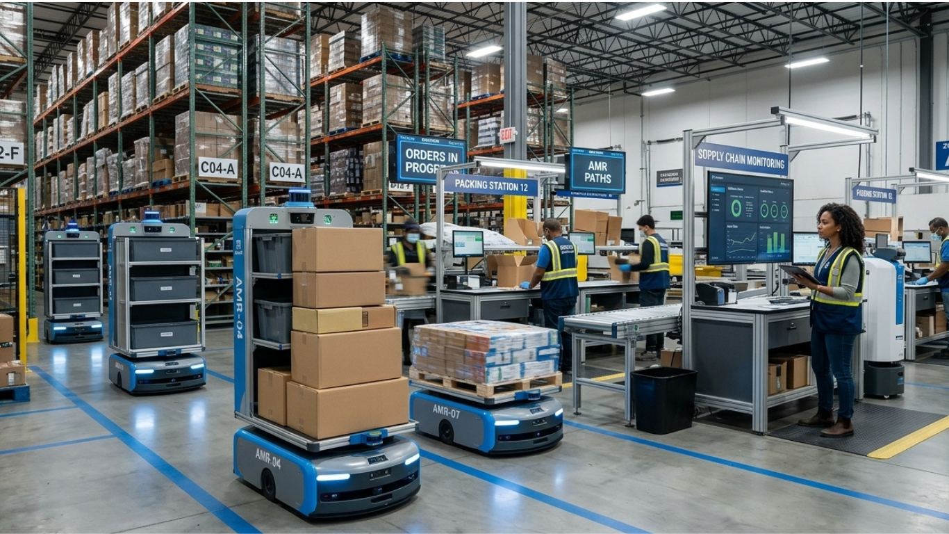 Modern warehouse environment showcasing the integration of autonomous mobile robots in business supply chain logistics, moving cargo alongside warehouse workers at packing stations.