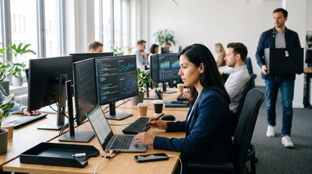 A data analyst reviewing data charts to prevent info leakage, a critical concept in advanced machine learning tutorials.