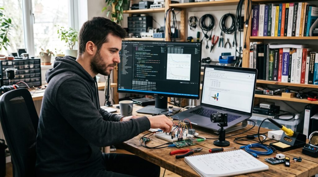 An engineer wiring a Raspberry Pi and camera setup to test hardware integration skills on his AI ROADMAP.