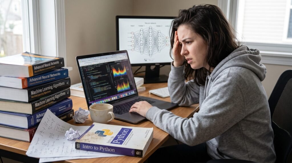 A stressed student holding her head while encountering bugs and complex neural networks on her AI ROADMAP journey.