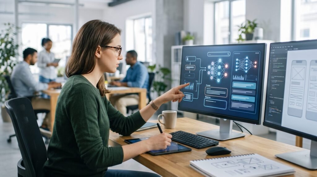 A female designer works on a computer interface focused on Designing Better AI Model Interactions for seamless AI automation.