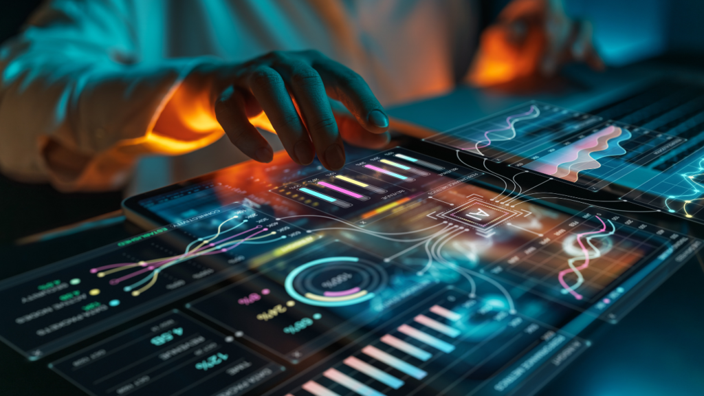 A close-up view of a person's hand interacting with a futuristic, glowing digital interface displaying data analytics, charts, and diagrams related to Edge AI Hardware for Enterprise Applications.