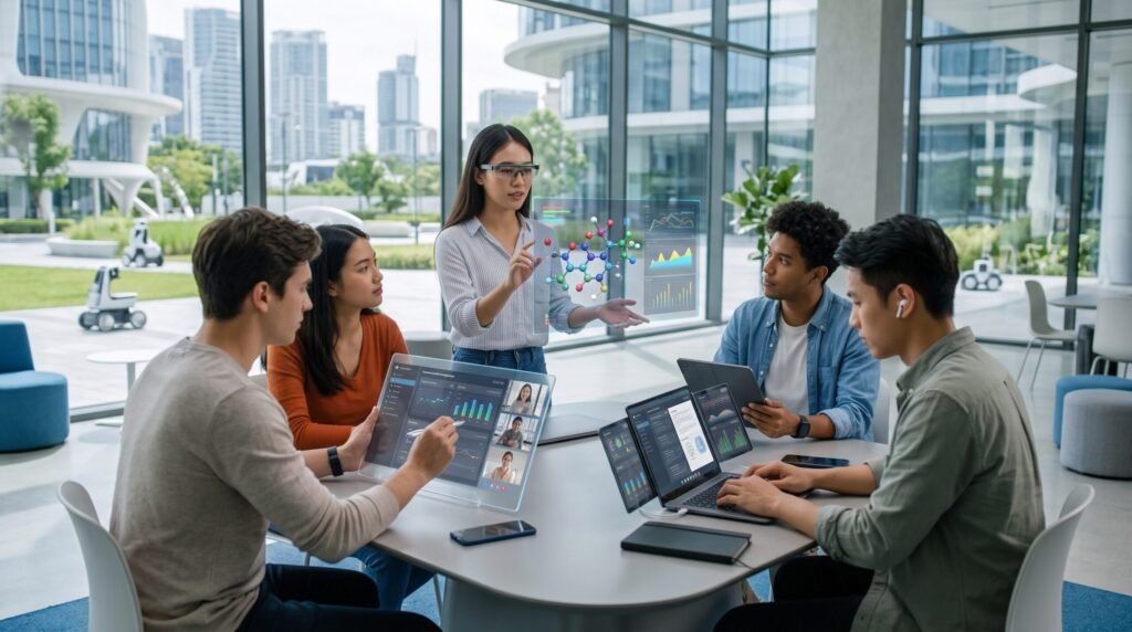 Students using interactive holograms and laptops powered by AI in education in a modern workspace.