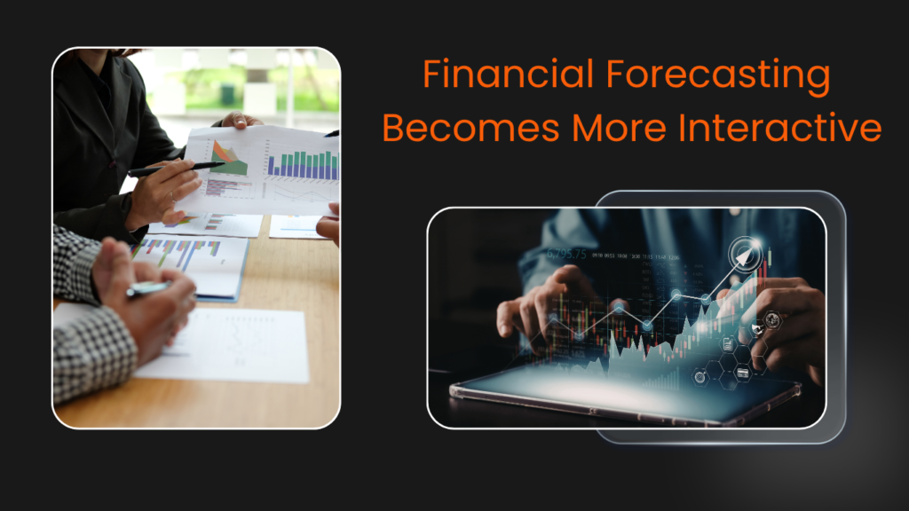 A business presentation slide titled Financial Forecasting Becomes More Interactive featuring a team analyzing printed financial charts next to a digital tablet displaying live data visualizations, demonstrating how Financial Forecasting Becomes More Interactive in Generative AI Tools for Business Workflow Automation.
