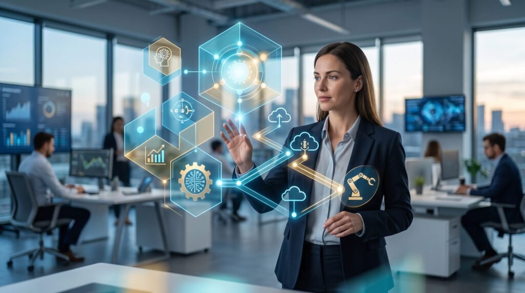 A businesswoman interacts with a glowing digital interface showcasing steps for Finding the Right Process for AI Automation.